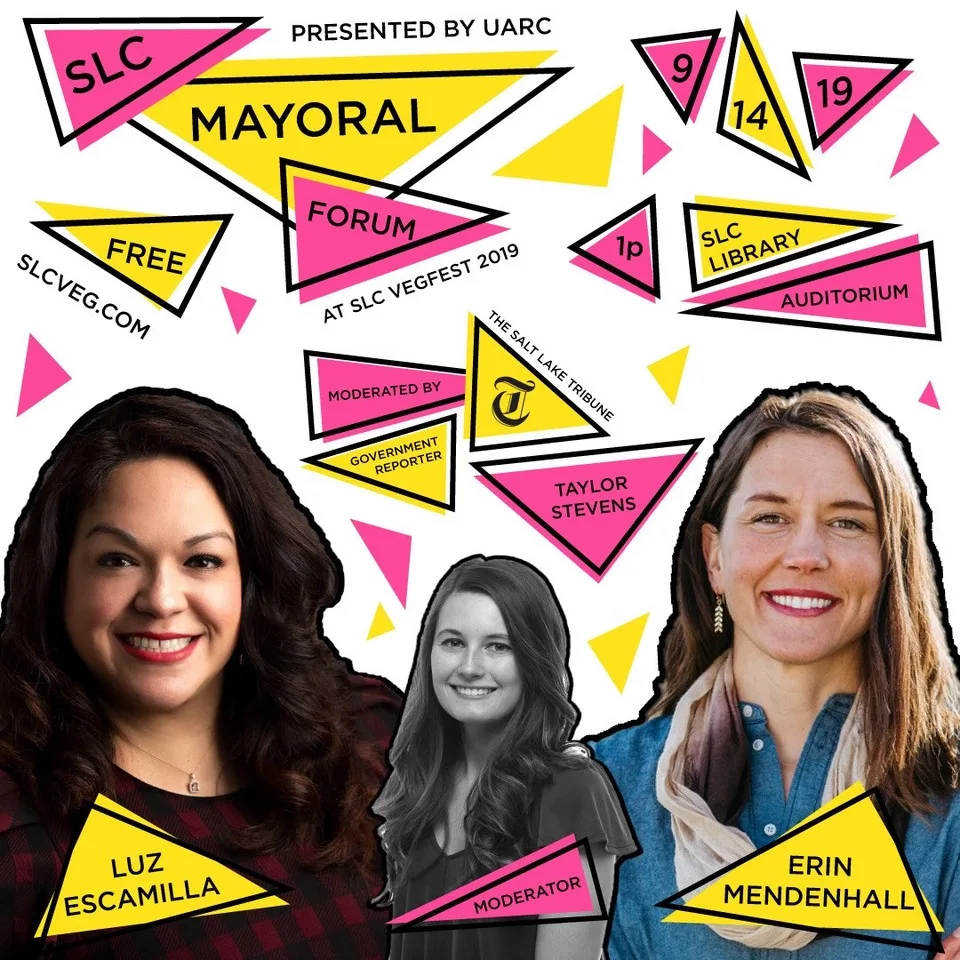 A social media post for the SLC Mayoral Debate at SLC VegFest 2019 featuring low poly animal illustrations